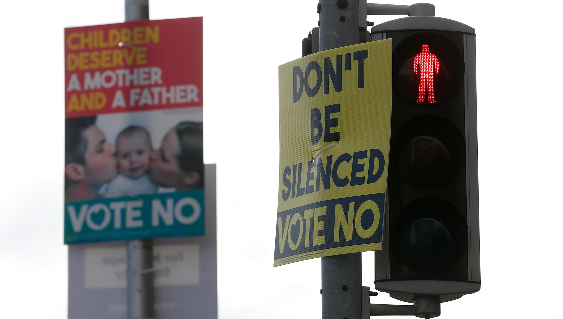 Posters supporting a No vote on Ireland's same-sex marriage referendum are displayed in the Temple Bar area of Dublin on May 19, 2015.