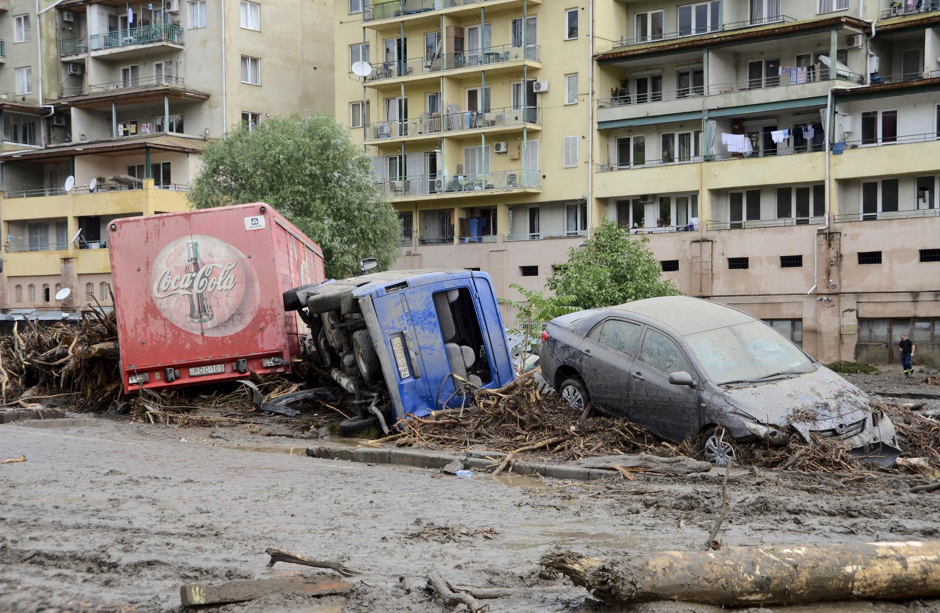 Heavy rainfall turned the Vere river flowing through Tbilisi, Georgia into a torrent that swept away dozens of buildings and cars, June 14, 2015. At least a dozen people died as a result of flooding and mudslides in the Georgian capital.  