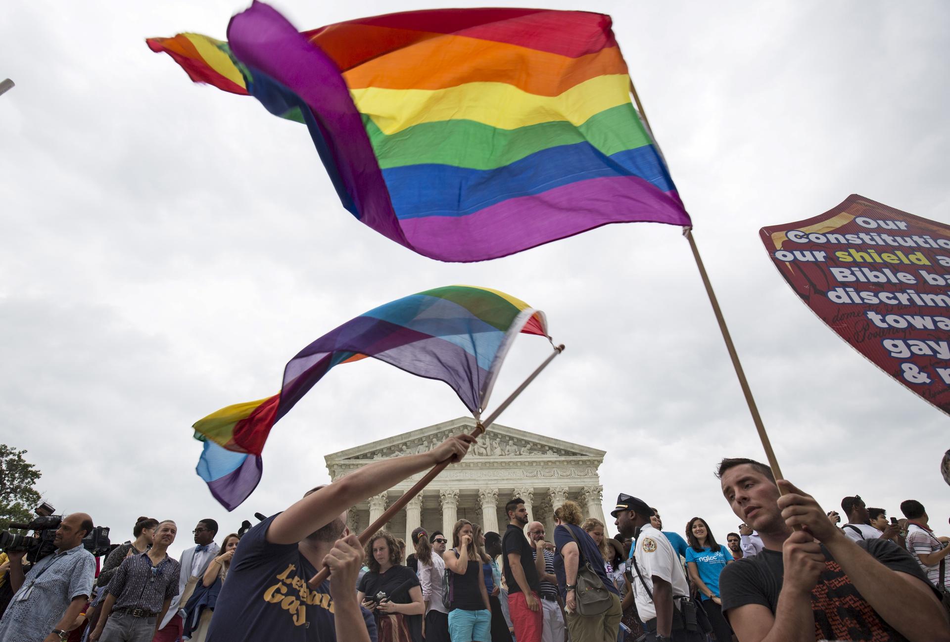Flag waves in front of Supreme Court Gay Marriage
