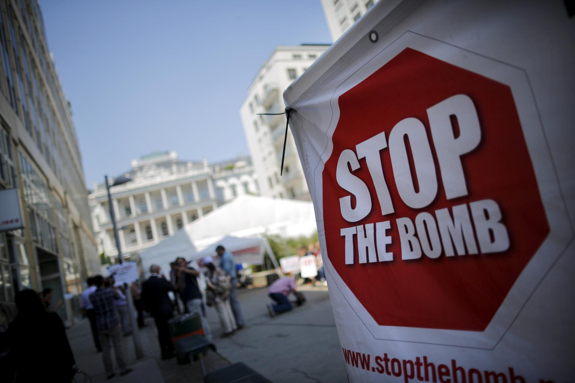 A 'Ban the Bomb' sign earlier this month outside nuclear talks in Vienna.