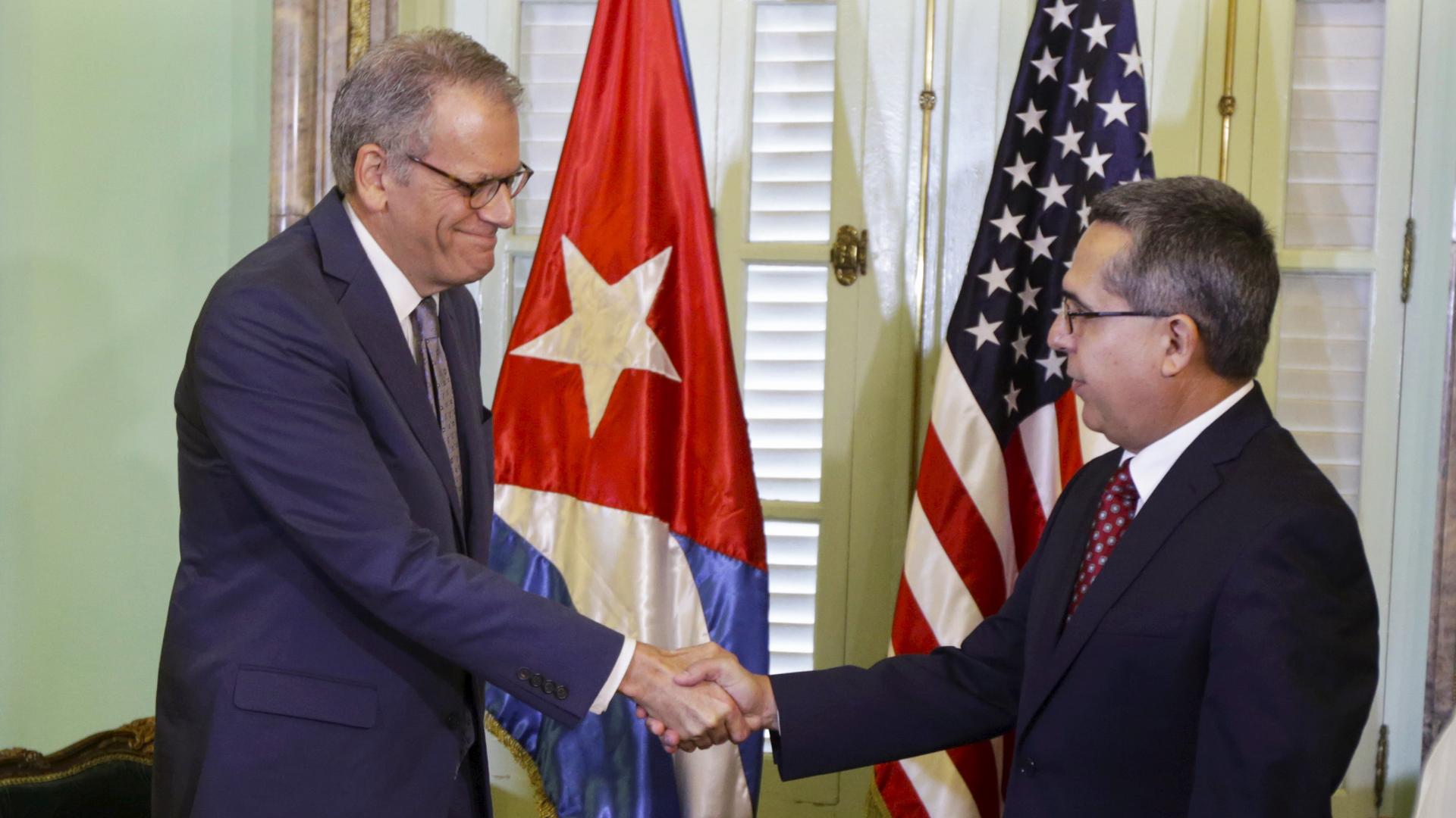Chief of Mission at the US Interests Section in Havana Jeffrey DeLaurentis (L) shakes hands with Cuba's interim Foreign Minister Marcelino Medina in Havana July 1, 2015.