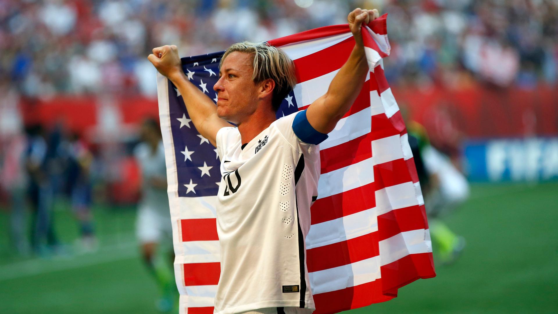United States forward Abby Wambach (20) celebrates after defeating Japan in the final of the FIFA 2015 Women's World Cup at BC Place Stadium. 