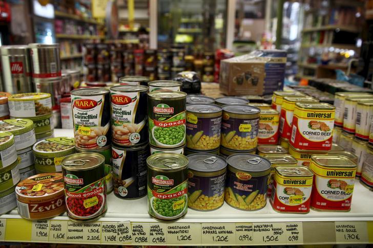 Goods for sale are displayed inside a grocery shop in central Athens, Greece, July 20, 2015.