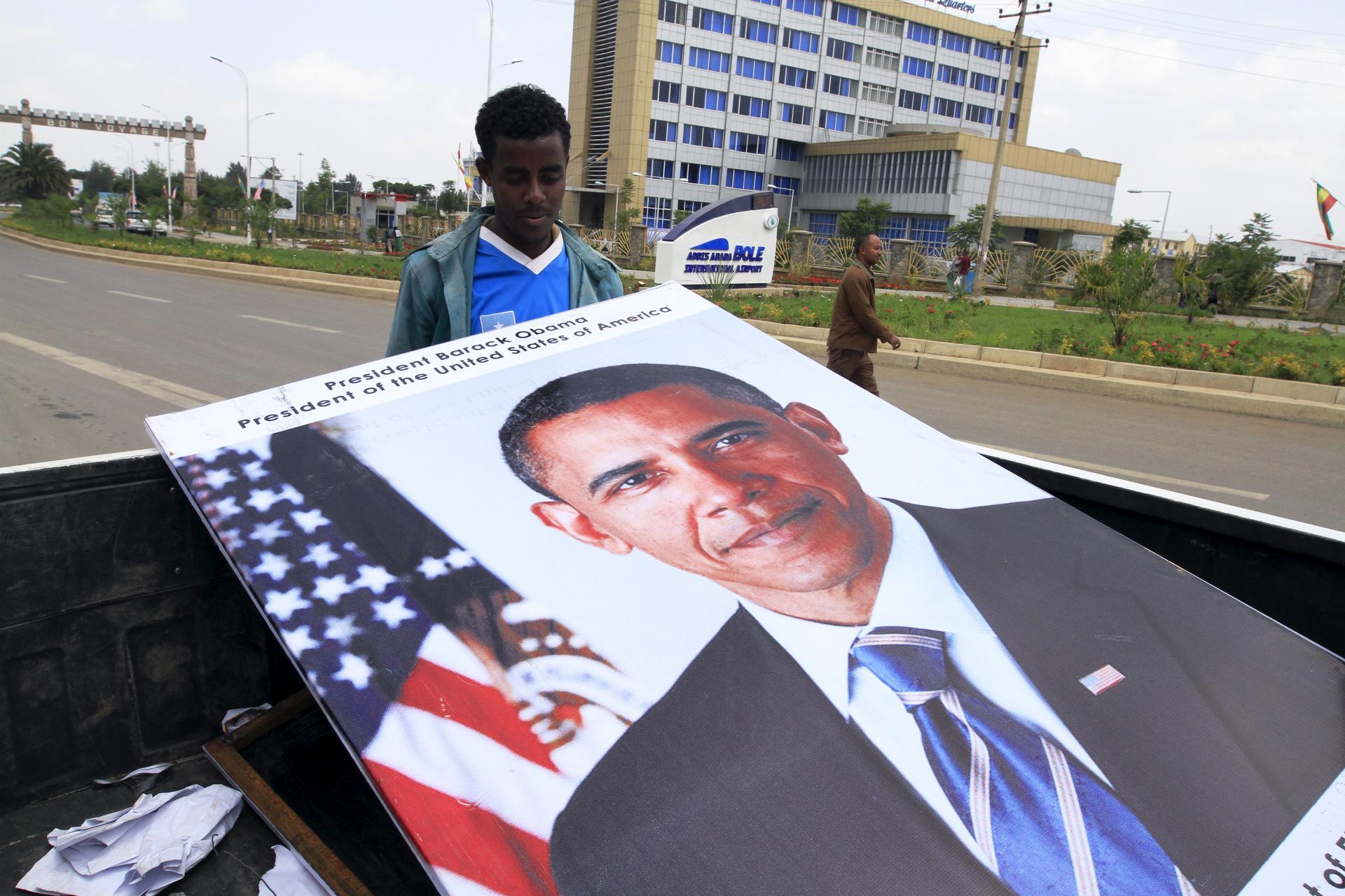 Ethiopians prepared billboards to welcome U.S. President Barack Obama to their capital Addis Ababa.