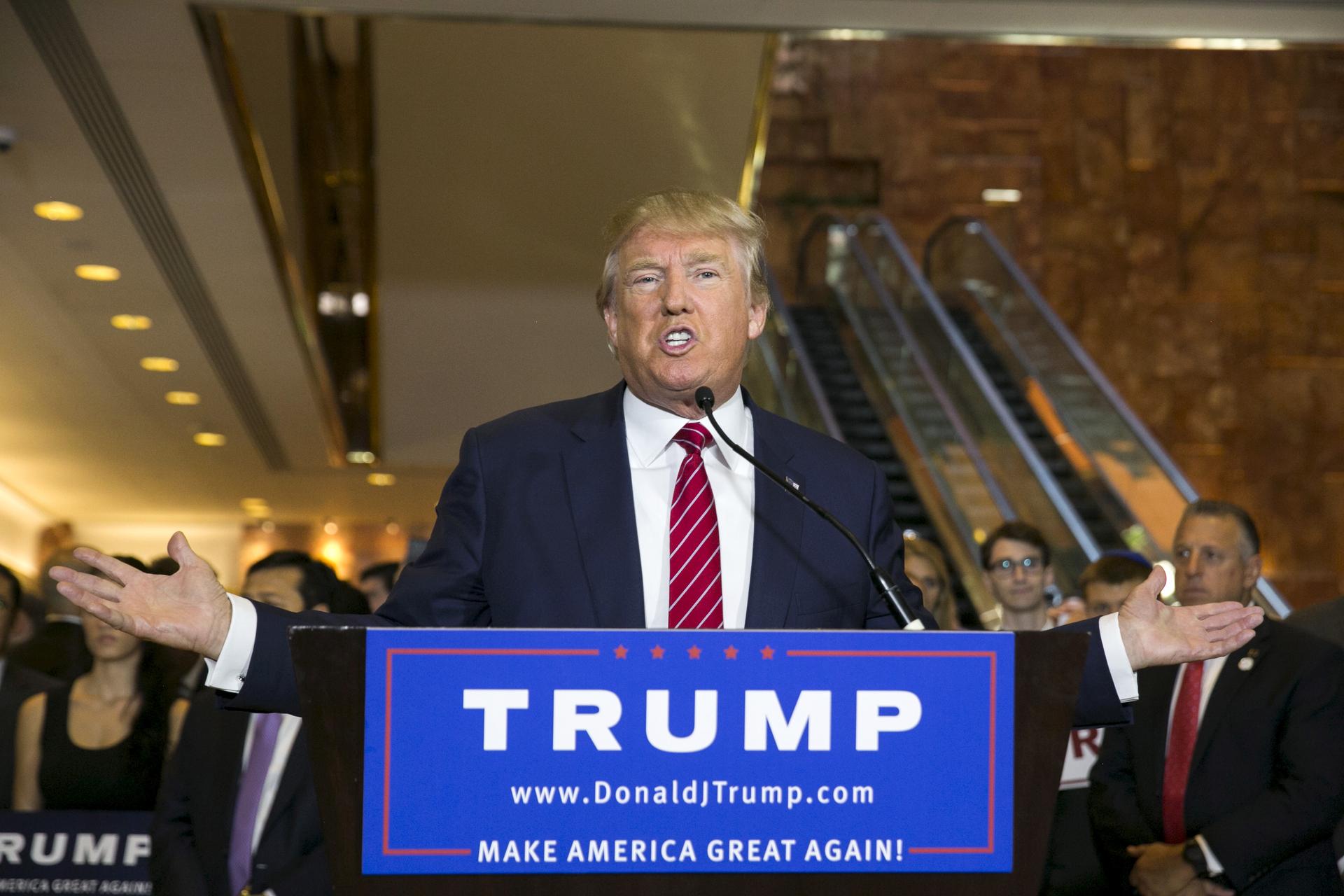 U.S. presidential hopeful Donald Trump speaks during a press availability at Trump Tower in New York City on September 3, 2015.