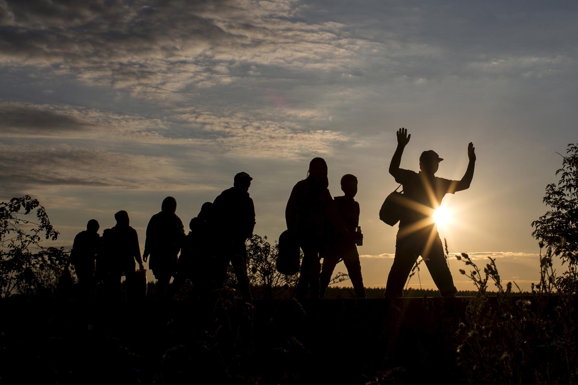 Migrants walk along rail tracks as they arrive at a collection point in the village of Roszke, Hungary, September 8, 2015, after crossing the border from Serbia.