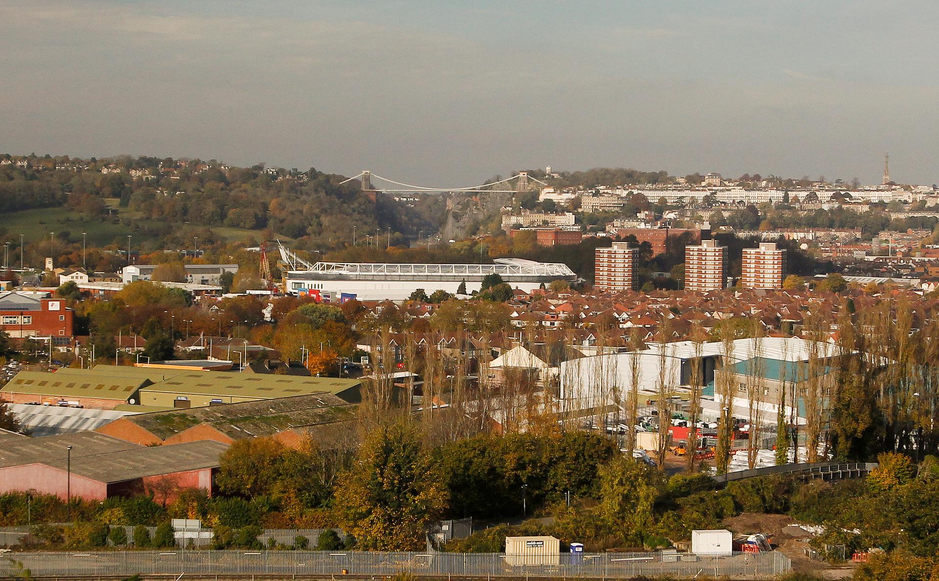 A general view of Ashton Gate Stadium and Clifton Suspension Bridge in Bristol, UK.