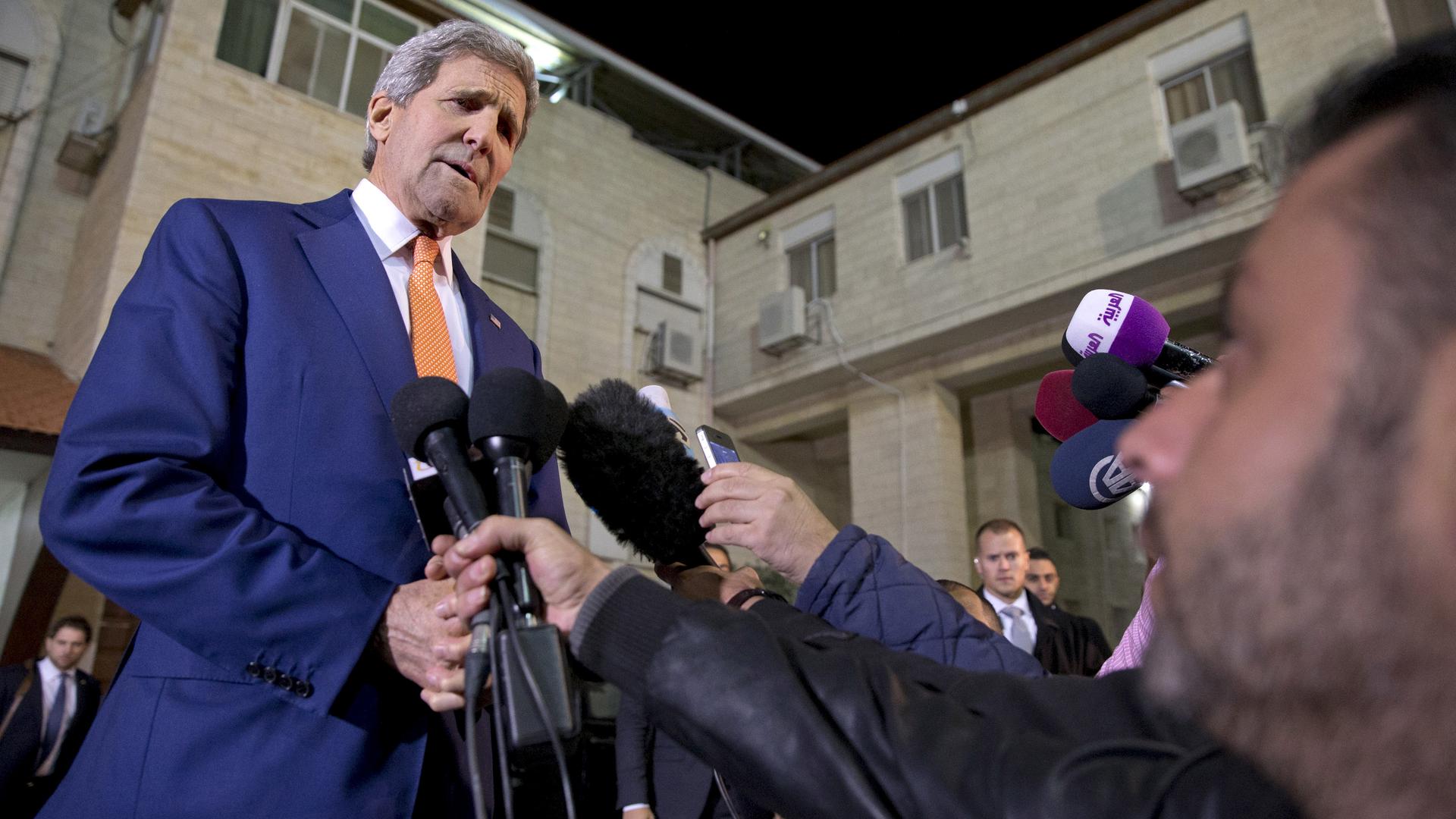 U.S. Secretary of State John Kerry makes impromptu remarks to members of the media after meeting with Palestinian President Mahmoud Abbas.
