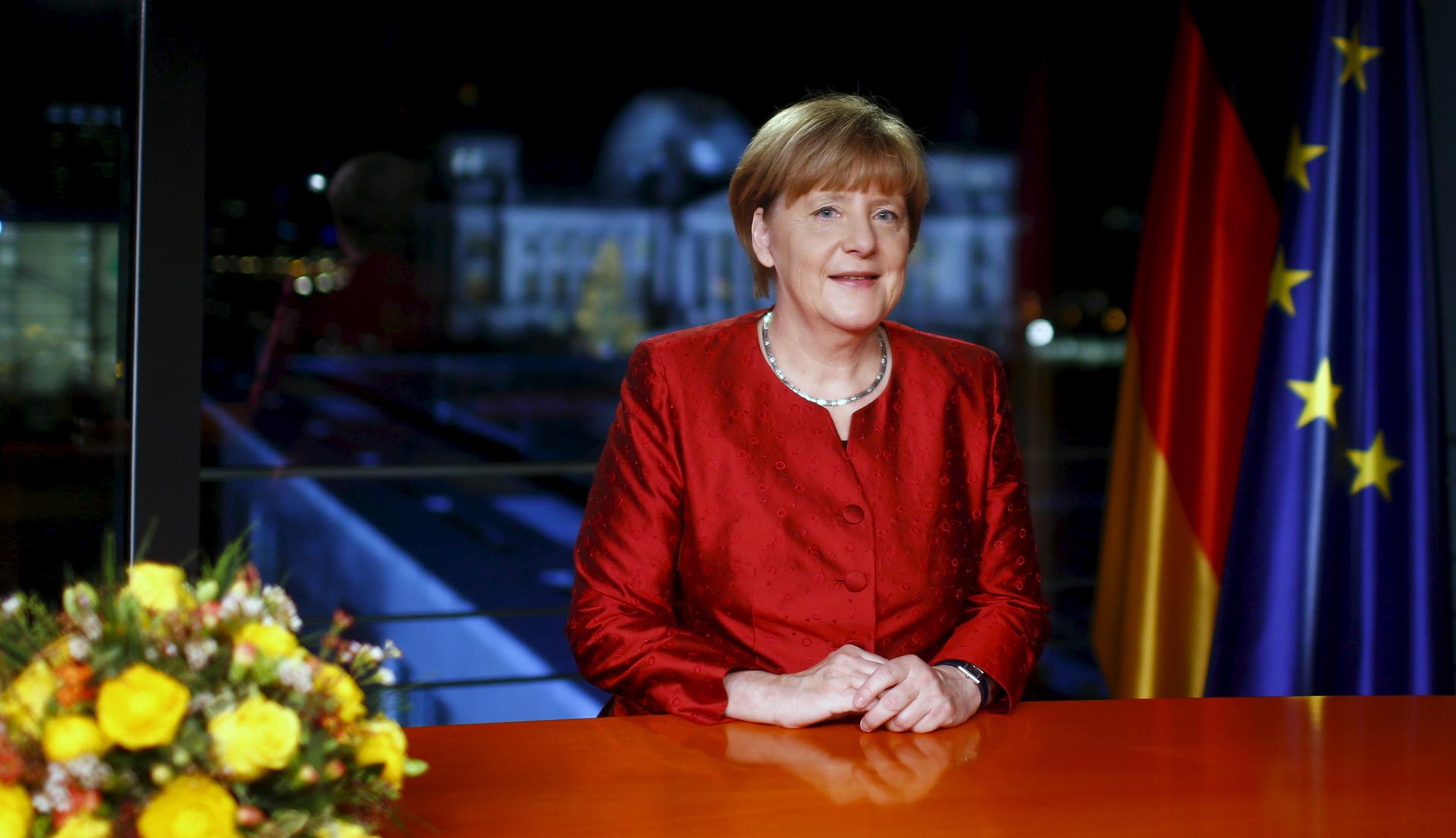 German Chancellor Angela Merkel poses after recording her New Year's speech in the Chancellery in Berlin, Germany, December 30, 2015. 
