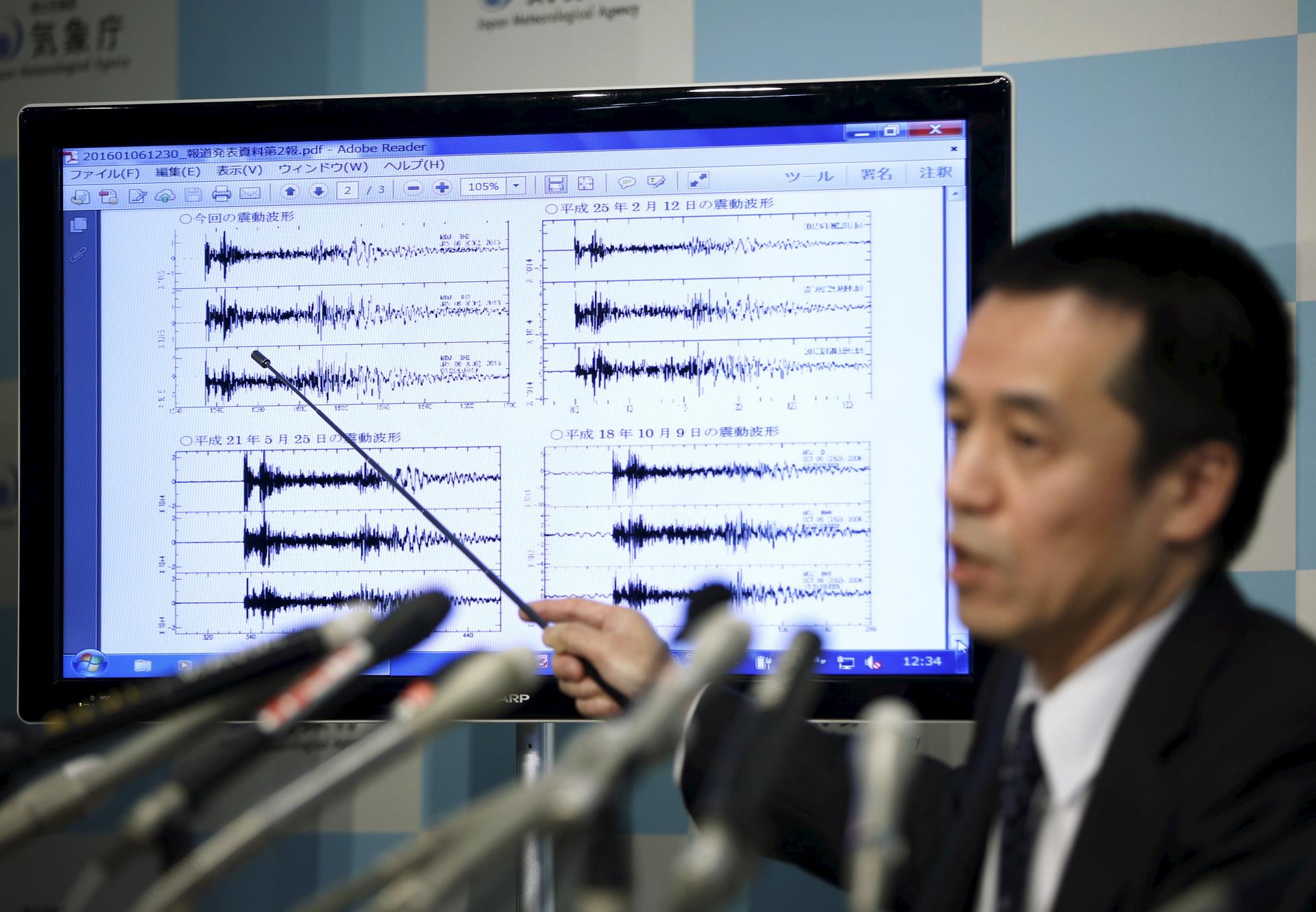 A Japan’s chief seismologist, Yohei Hasegawa, shows data from the moment of North Korea’s claim of a nuclear test. The evidence suggests it was not a hydrogen bomb as Pyongyang claims