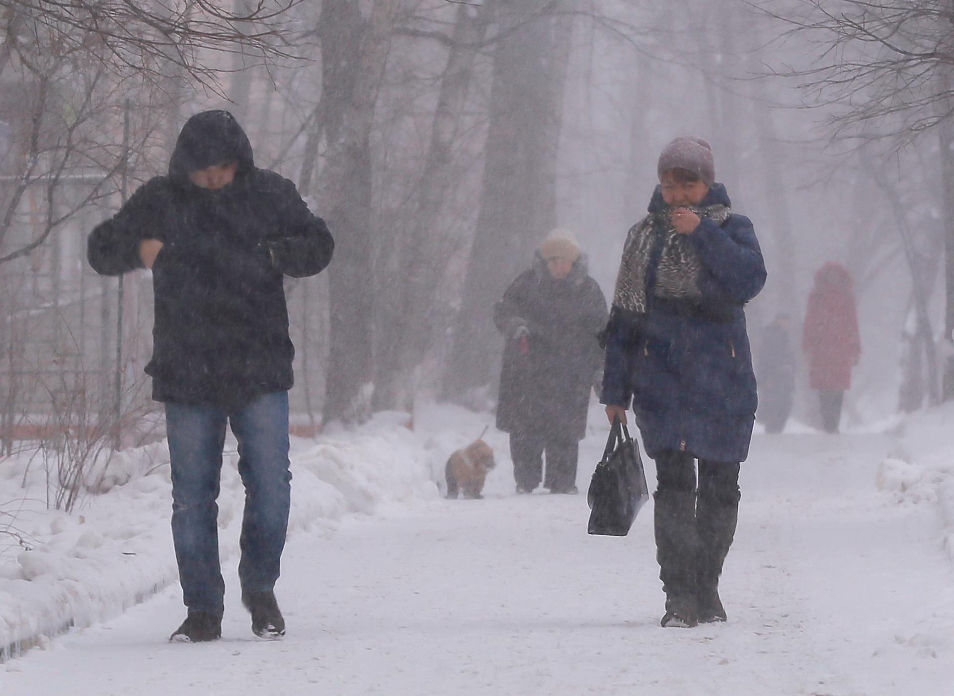 ​People walk in a park as it snows in Moscow, Russia, January 14, 2016. 