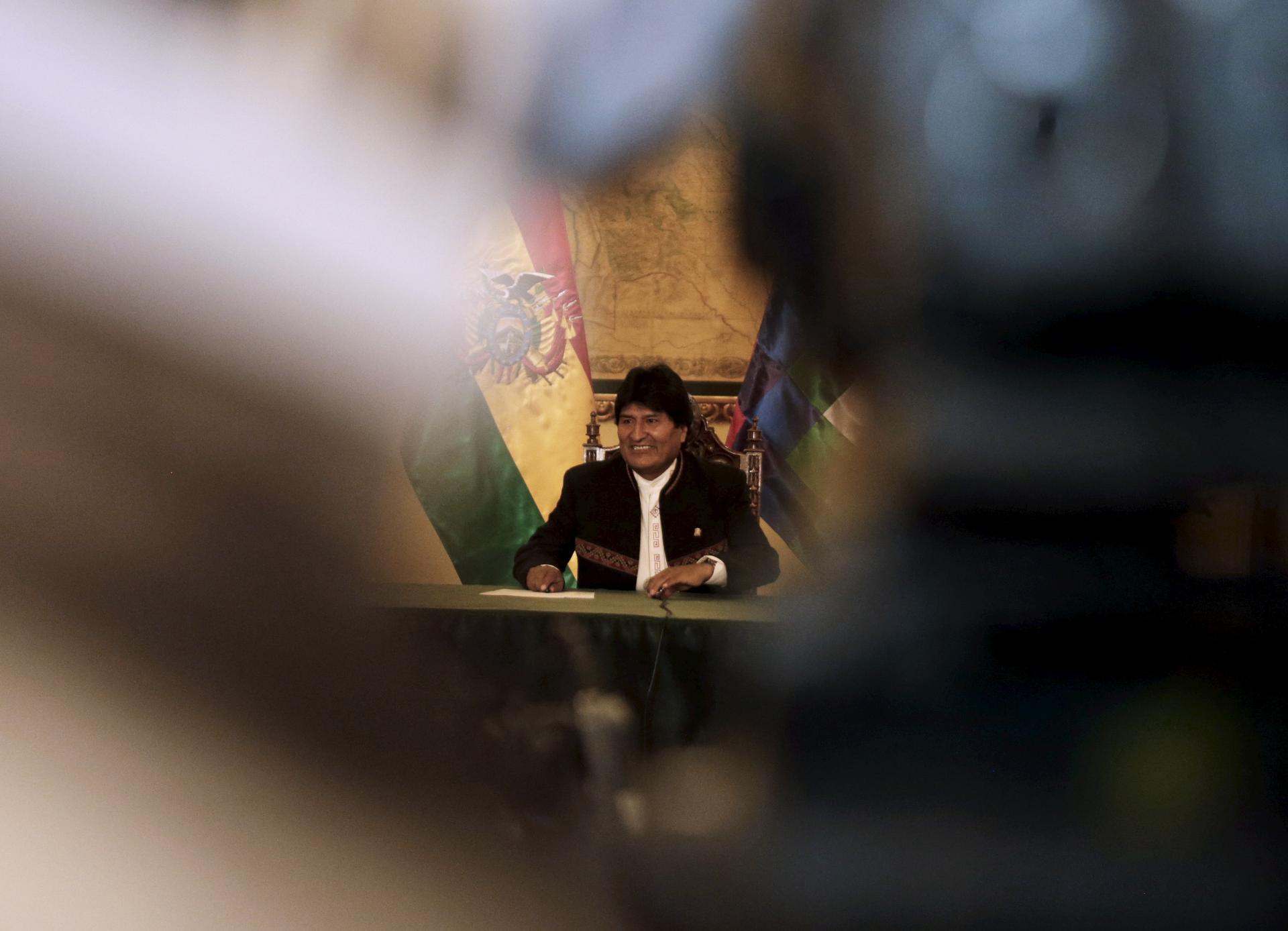 President Evo Morales holds a news conference at the presidential palace in La Paz, Bolivia on Feb. 22, 2016. Morales asked Bolivians on Monday to wait "calmly" for the official result of Sunday's referendum on whether he should be allowed to run for re-e