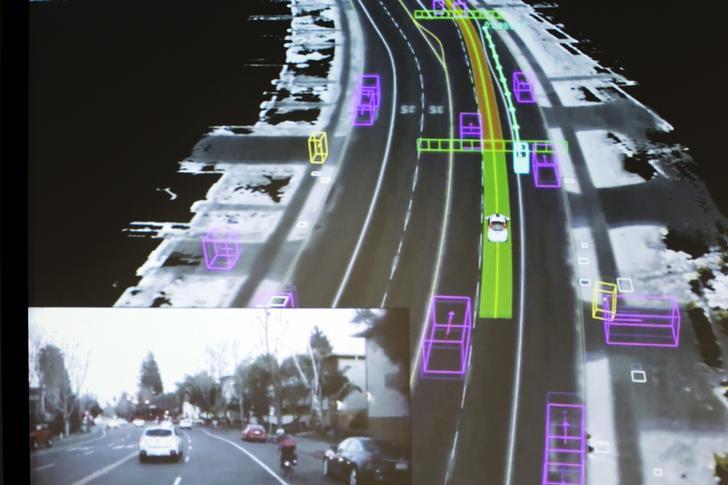 Photograph shows video captured by a Google self-driving car coupled with the same street scene as the data is visualized by the car during a presentation at a media preview of Google's prototype autonomous vehicles in Mountain View, California.  