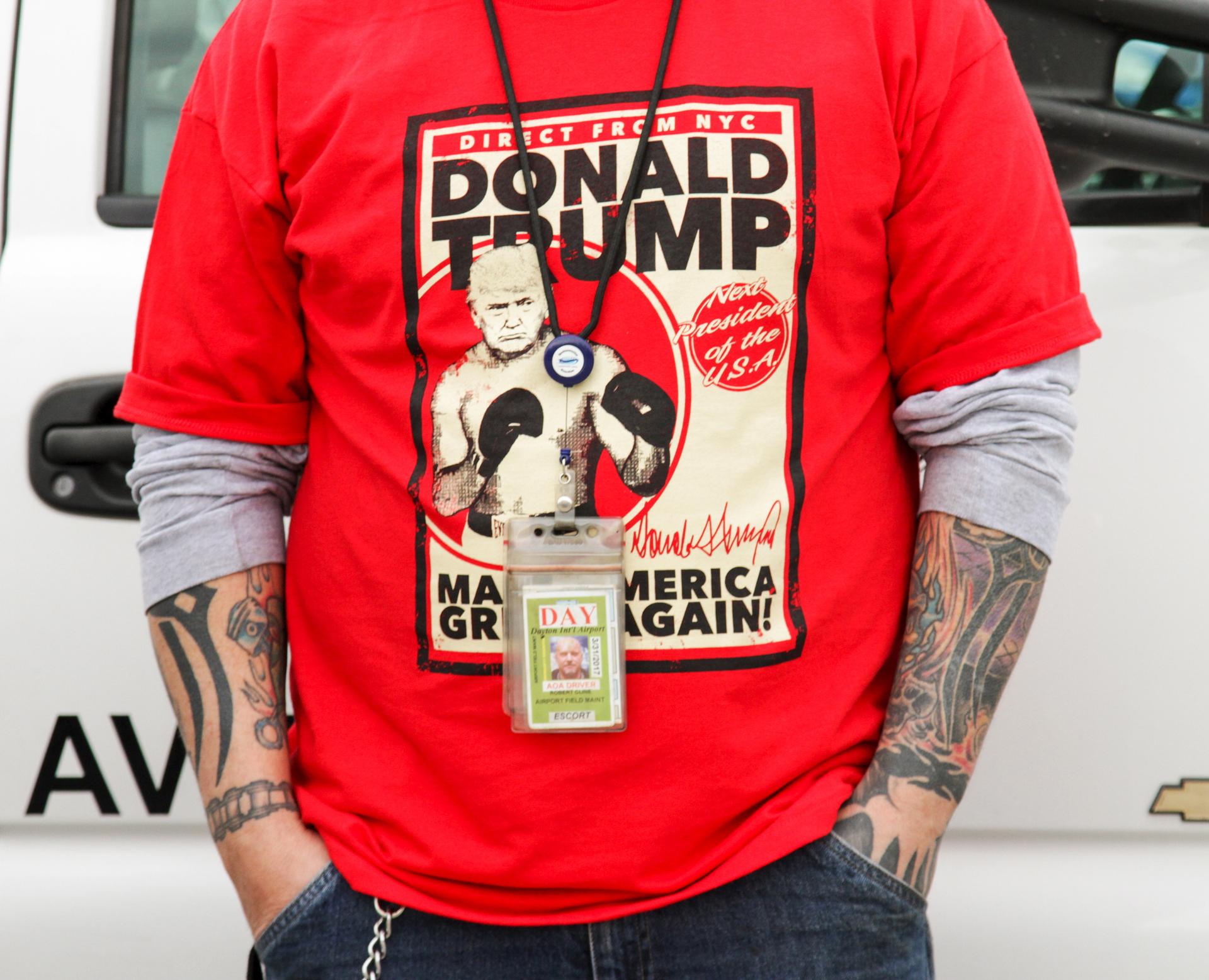  A Donald Trump supporter outside a rally at the Dayton International Airport in Dayton, Ohio. 