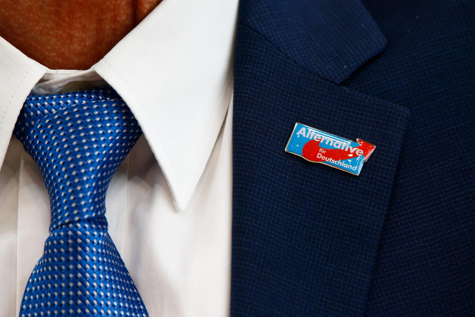 A badge of AfD is seen on the jacket of Uwe Junge, candidate of the anti-immigration party Alternative for Germany in Rhineland-Palatinate at a news conference in Berlin, Germany, March 14, 2016.