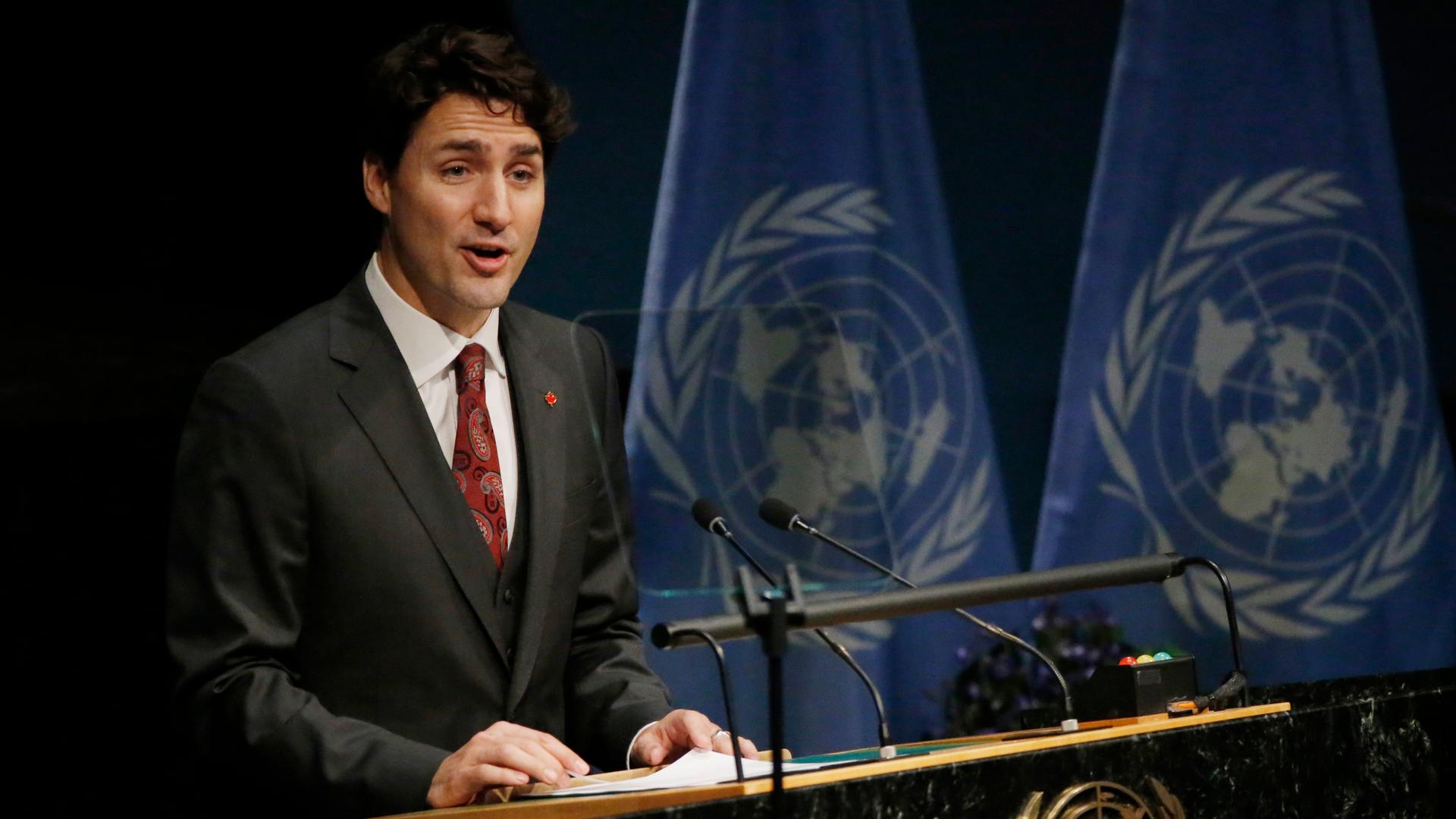Canadian Prime Minister Justin Trudeau speaking at the signing ceremony on climate change at the UN in 2016. Trudeau has committed Canada to steep reductions in carbon pollution, while also pushing to expand tar sands oil production.