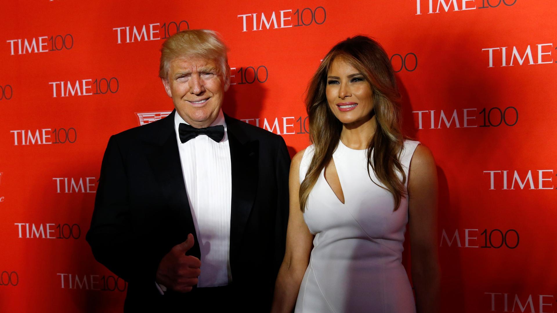 Donald Trump and his wife, Melania, pose on the red carpet as they arrive for a gala event in New York, April 26th 2016. 