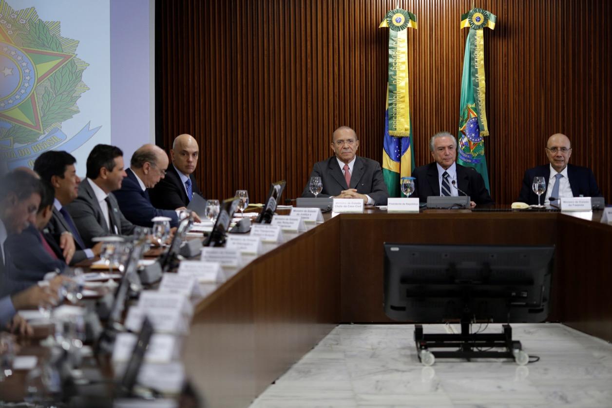 Brazil's Chief of Staff Eliseu Padilha, interim President Michel Temer, Finance Minister Henrique Meirelles are seen during the first ministerial meeting at the Planalto Palace in Brasilia, Brazil, May 13, 2016.