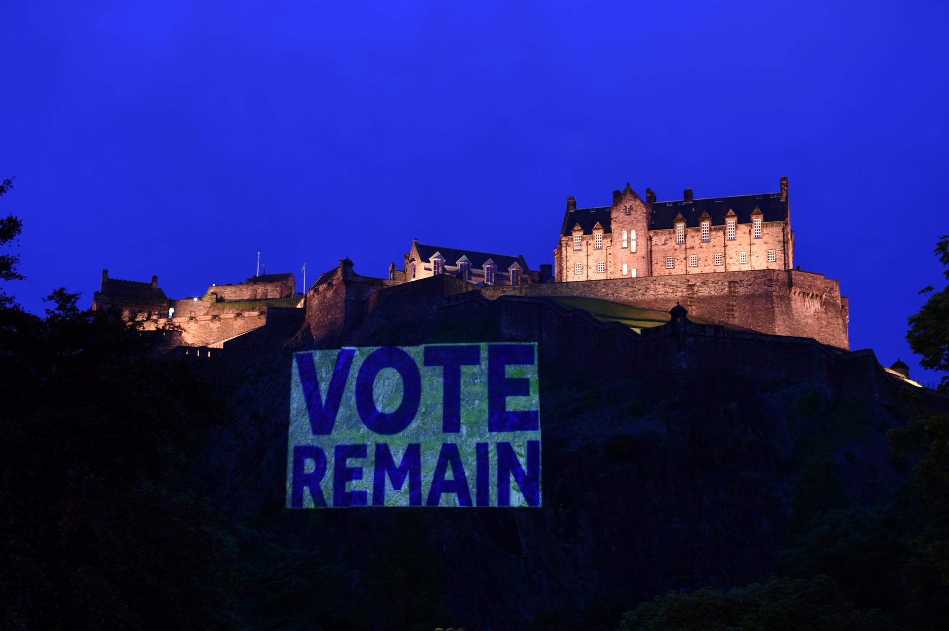 On Tuesday, Edinburgh Castle rock was illuminated with a sign to "Vote Remain" in a show of support for the campaign to remain in Europe ahead of today's EU Referendum. June 21, 2016. 
