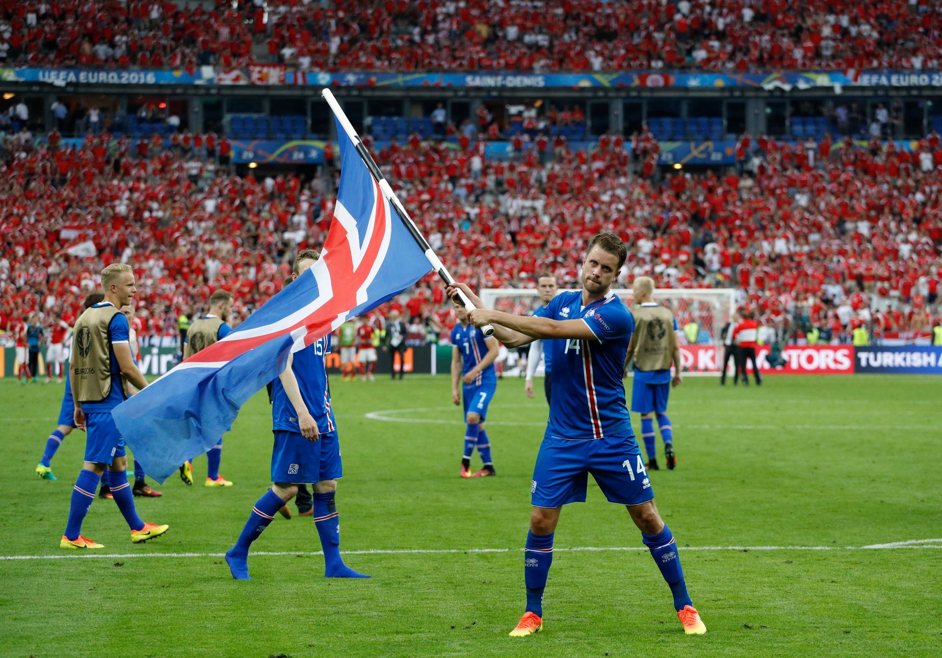 Iceland's Kari Arnason celebrates after the victorious match. 