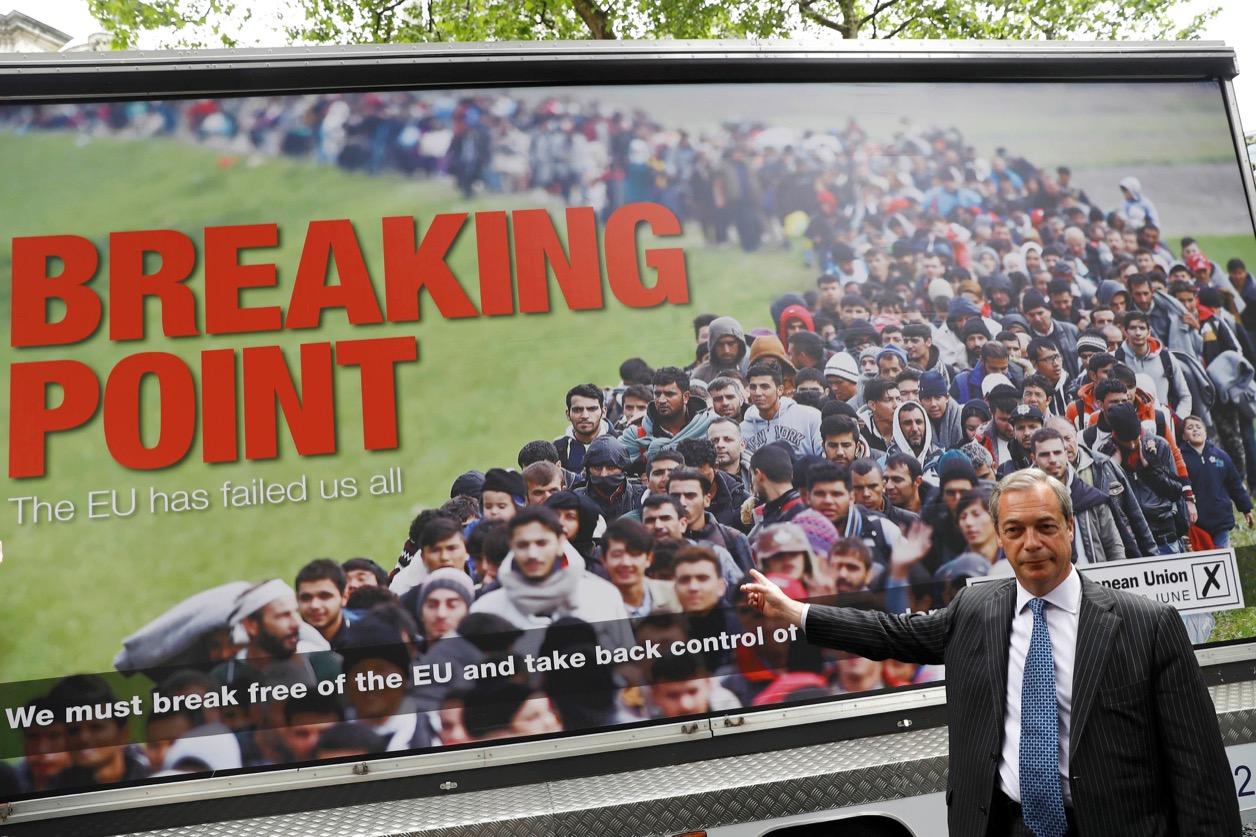 UK Independence Party leader Nigel Farage poses during a media launch for an EU referendum poster in London on June 16.