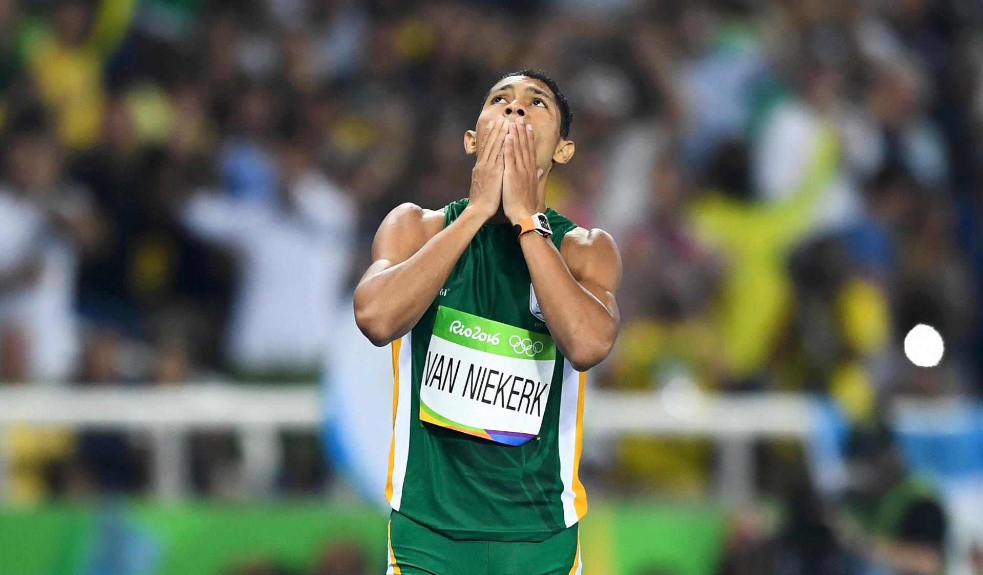 Wayde van Niekerk (RSA) of South Africa reacts after winning the final.
