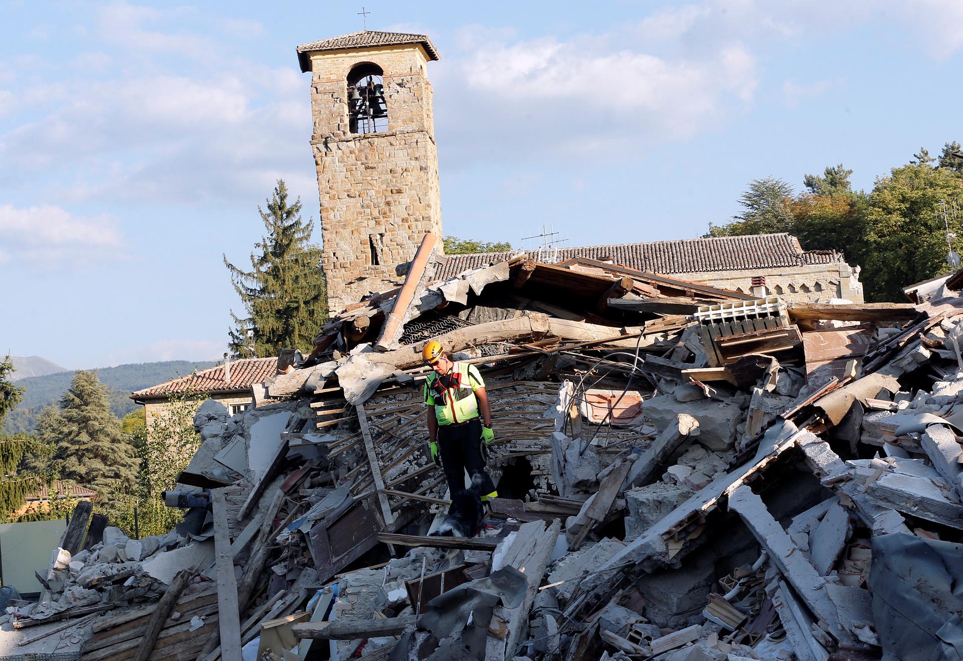 A rescue worker and a dog search among debris following an earthquake in Amatrice, central Italy, August 27, 2016.
