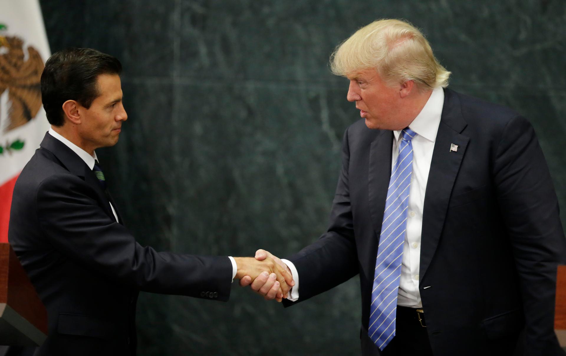 U.S. Republican presidential nominee Donald Trump and Mexico's President Enrique Pena Nieto shake hands at a press conference at the Los Pinos residence in Mexico City, Mexico, August 31, 2016. 