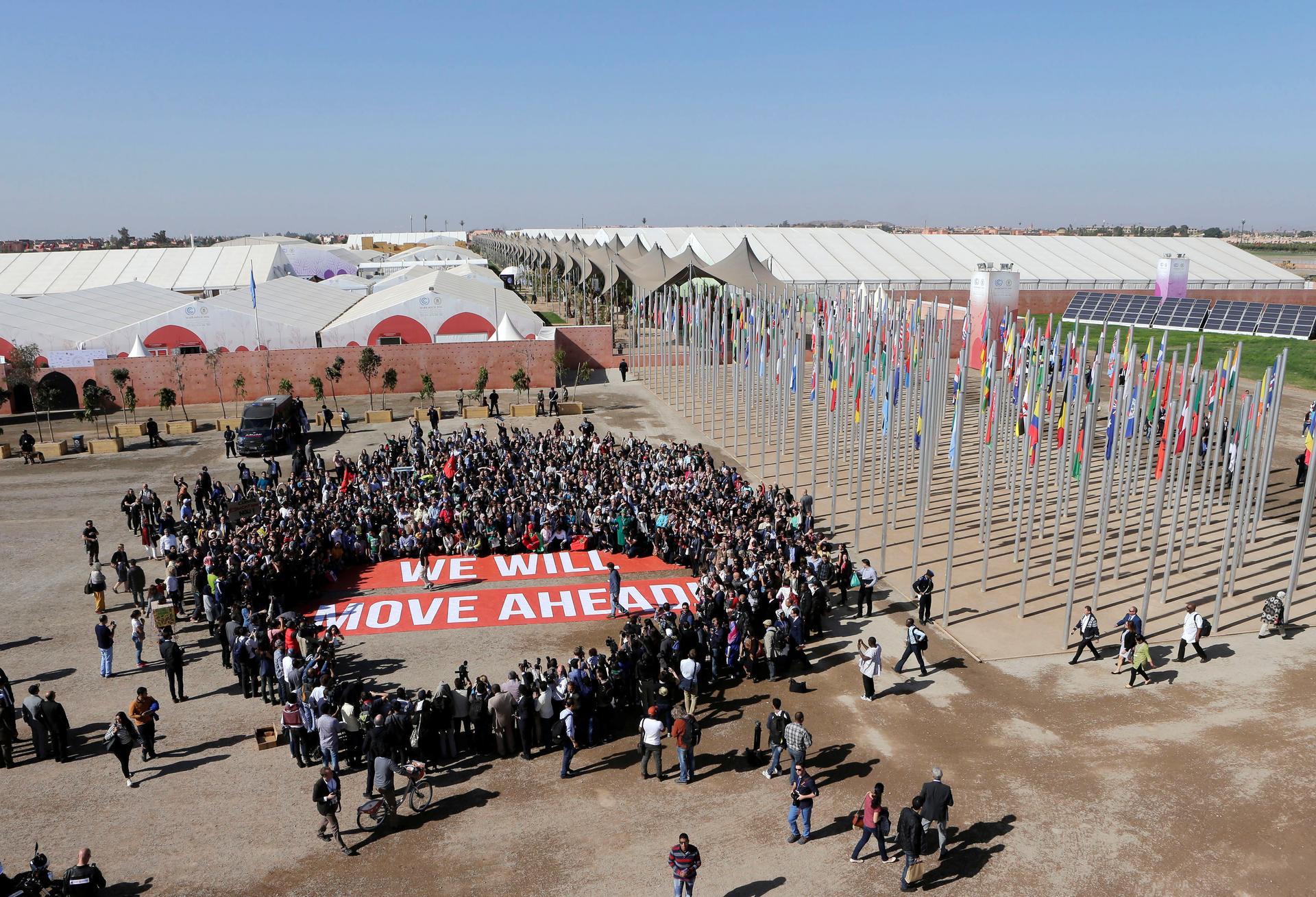 Climate activists protest outside this month's UN Climate Change Conference in Marrakech. Activists and officials are strugling to find a way forward for last year's landmark Paris Agreement on climate change after the US presidential election.