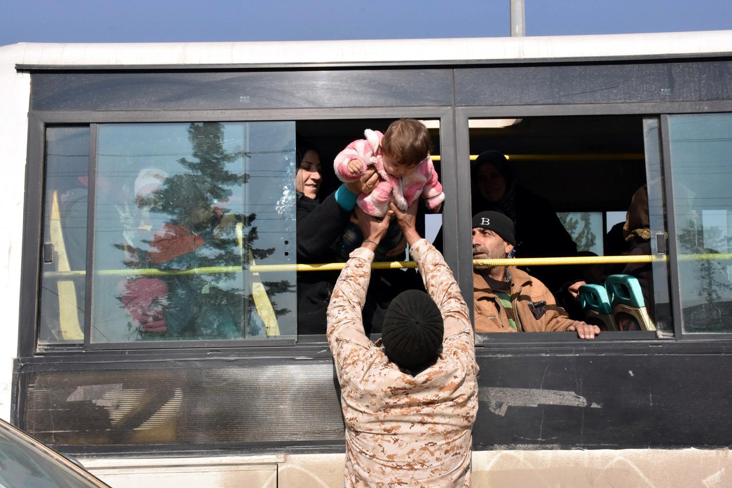 Another heartbreaking evacuation in Syria, Monday. But these are Shi’ite civilians fleeing rebel shelling, according to the Syrian government news agency, SANA