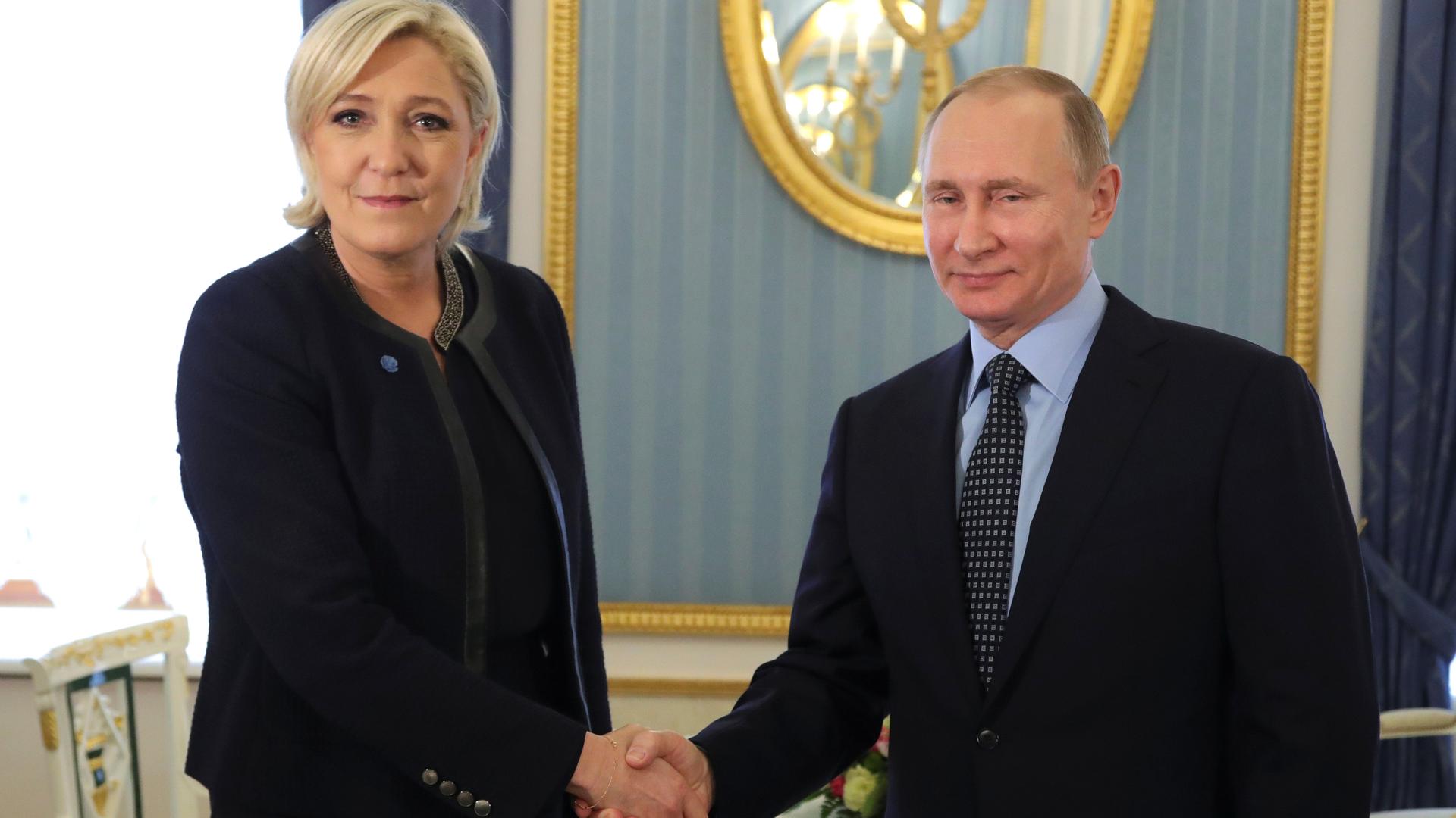 Russian President Vladimir Putin meets with Marine Le Pen, the far right French presidential candidate during a meeting in Moscow, on March 24th 2017. 