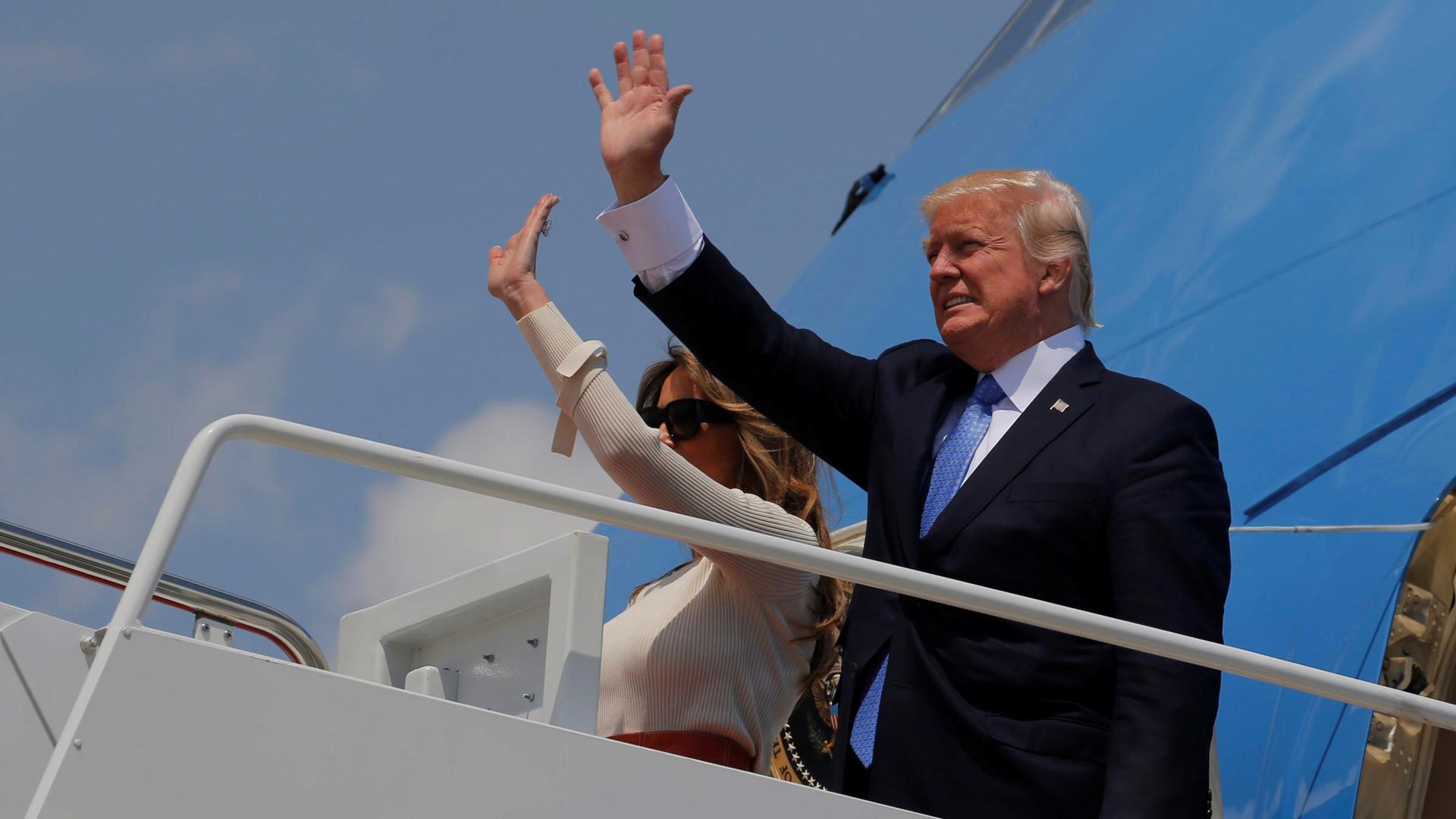 U.S. President Donald Trump and first lady Melania Trump board Air Force One for his first international trip as president, including stops in Saudi Arabia, Israel, the Vatican, Brussels and at the G7 summit in Sicily, from Joint Base Andrews, Maryland, U