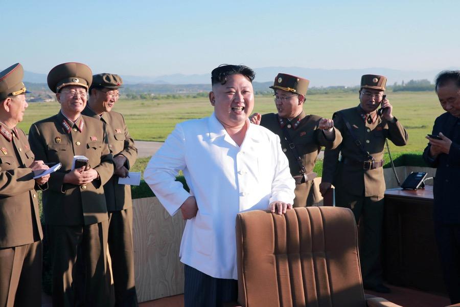 North Korean leader Kim Jong-un watching the test of an anti-aircraft guided weapon system