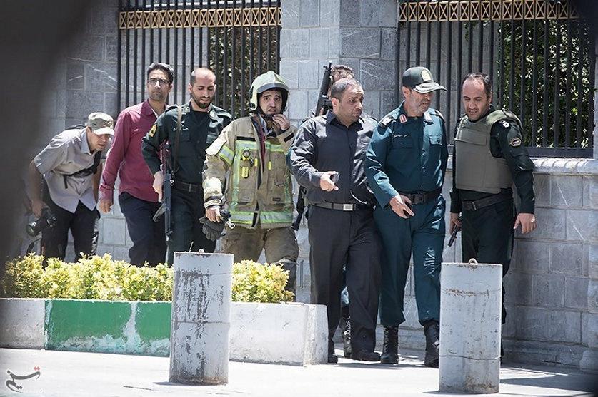 Members of Iranian forces are seen during an attack on the Iranian parliament in central Tehran, Iran, June 7, 2017.