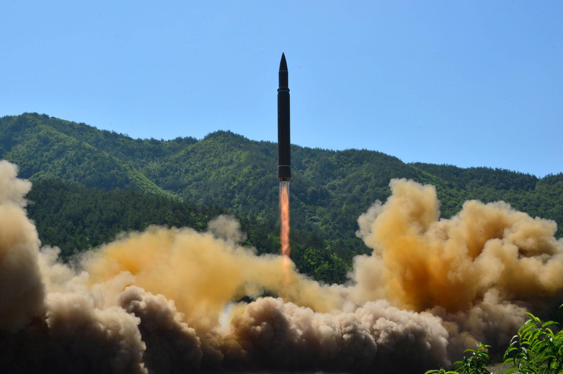 A North Korean image said to be the launch of that nation's first inter-continental missile, on July 4th 2017