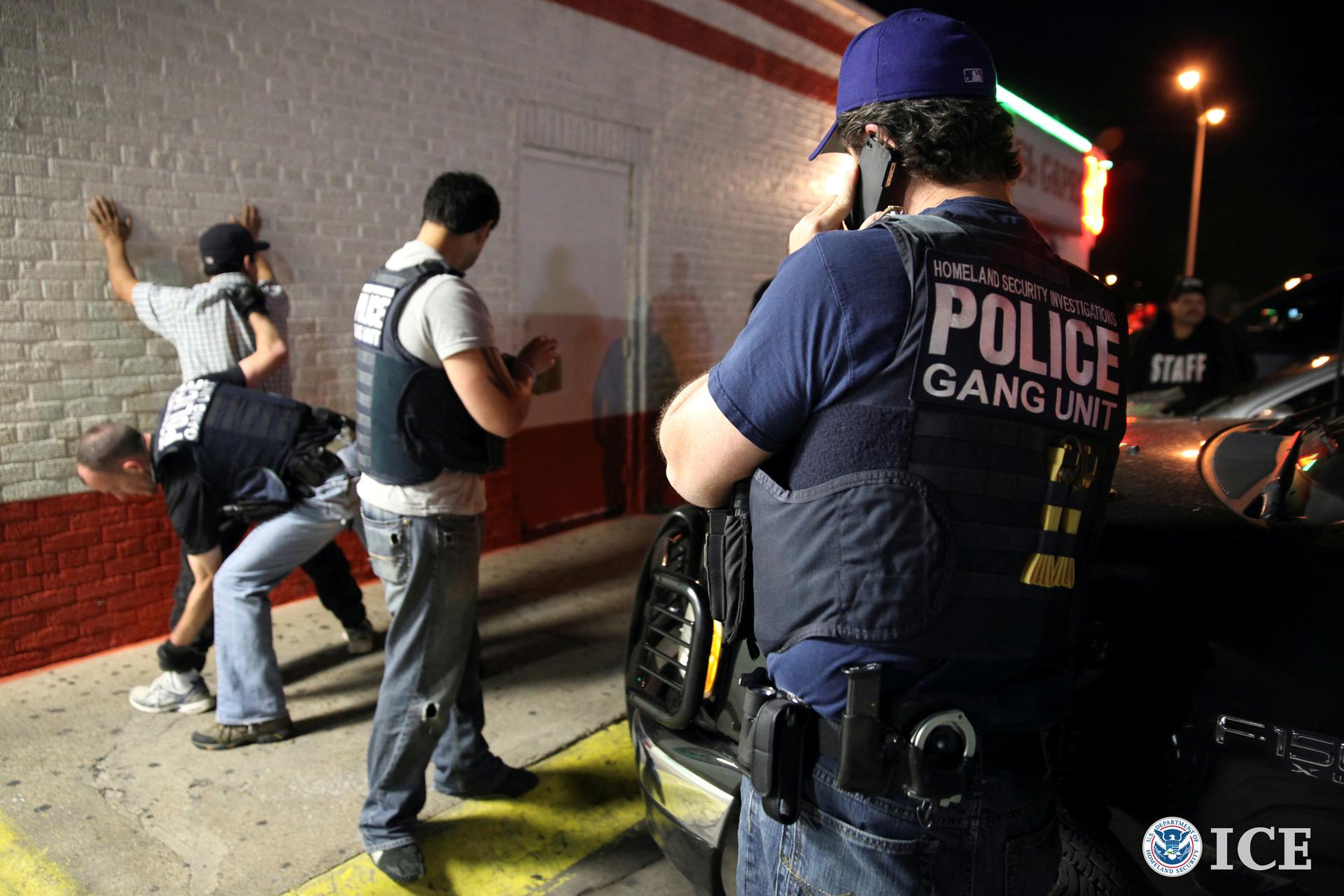 Agents surround man up against a wall, on has "Homeland Security Investigations POLICE Gang Unit" on his vest