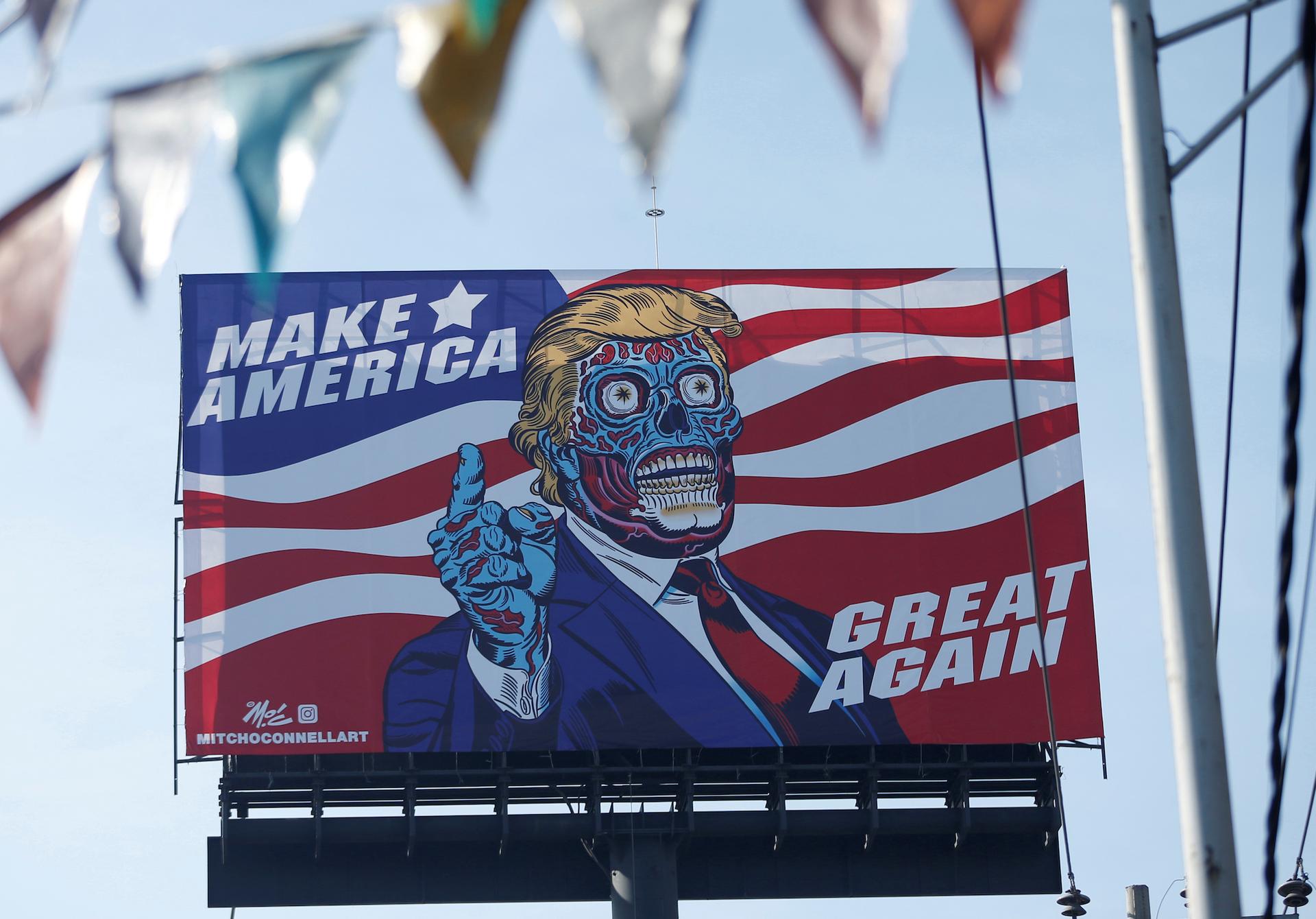 A big billboard shows an illustration depicting President Donald Trump, along Periférico avenue in Mexico City, Mexico, on July 28, 2017.