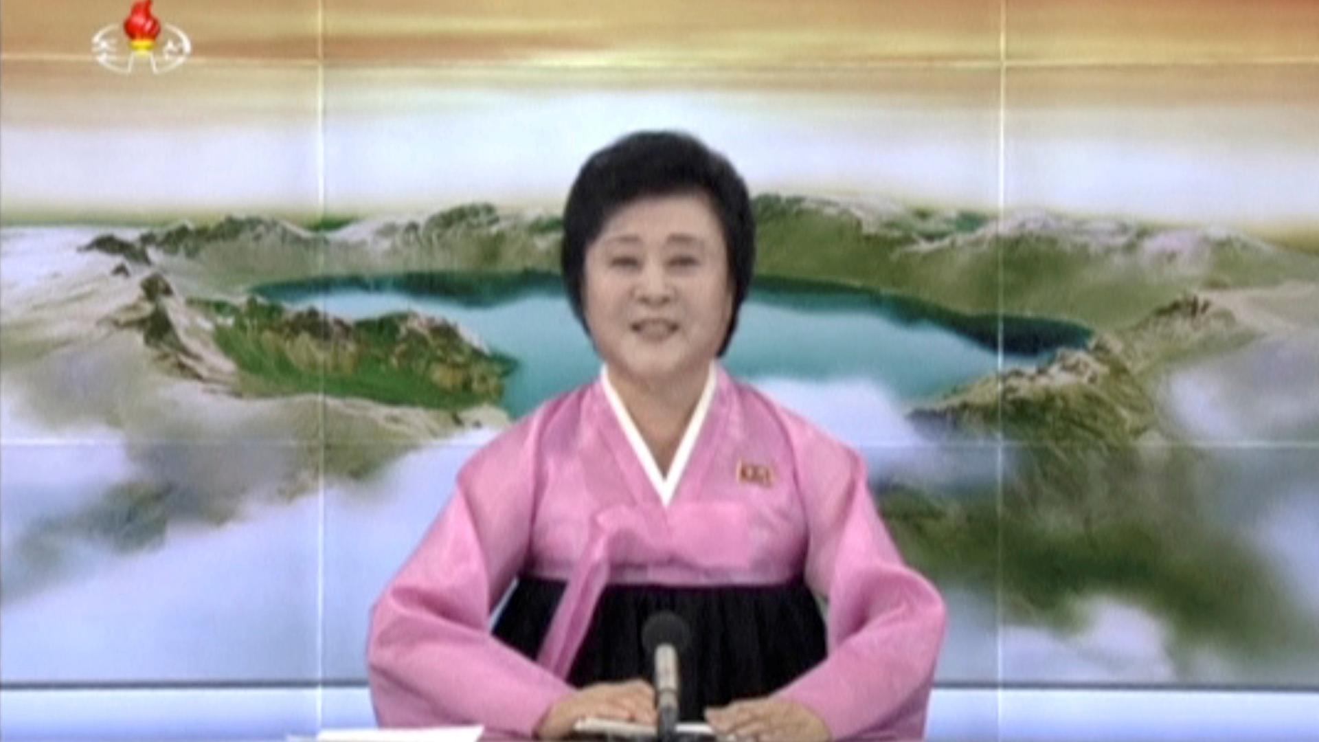 Ri Chun Hee, the “Pink Lady,” making an important announcement on North Korean television