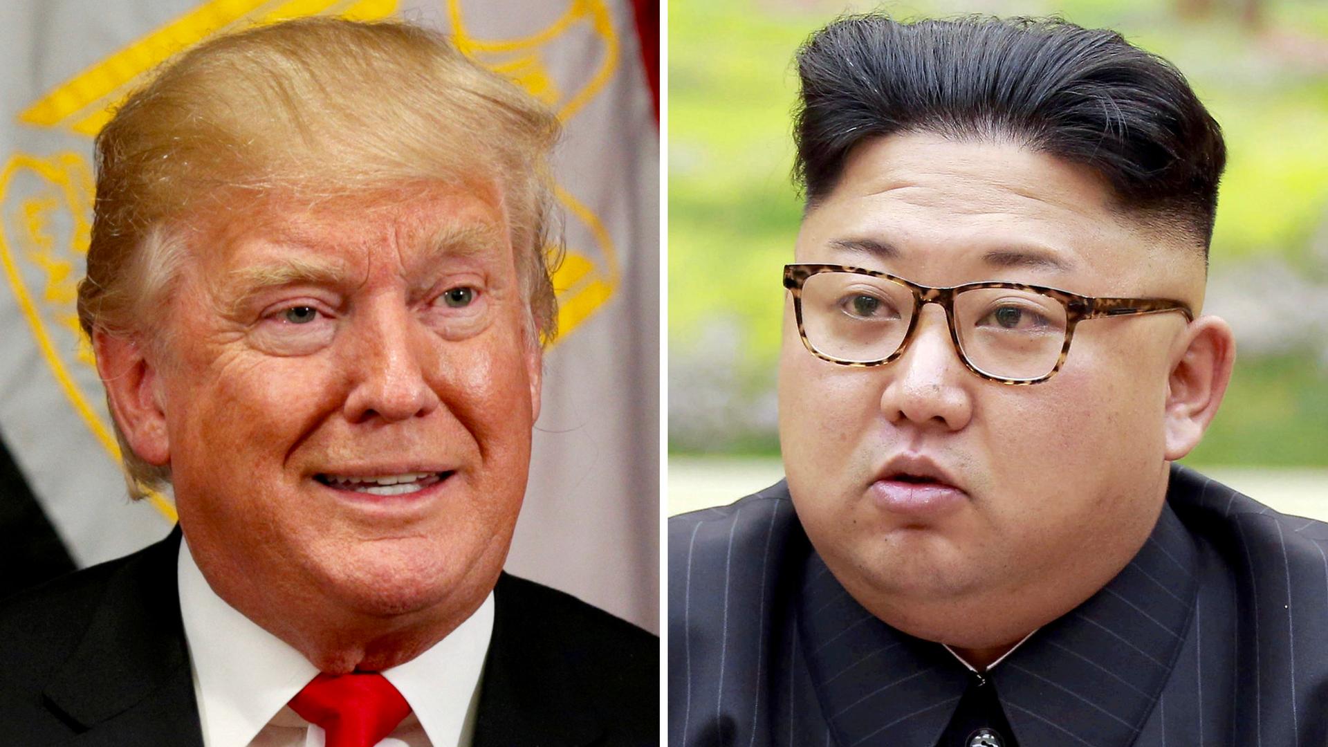 A combination photo shows US President Donald Trump in New York, Sept. 21, 2017, and North Korean leader Kim Jong-un in this undated photo released by North Korea's Korean Central News Agency in Pyongyang, Sept. 4, 2017. 