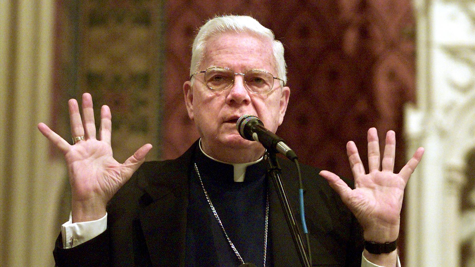 Boston's Roman Catholic Cardinal Bernard Law leads a prayer service for Boston area Catholic youth in Newton, Massachusetts, before joining them on a nine-hour bus ride to Toronto to see Pope John Paul II and attend World Youth Day July 23, 2002. 