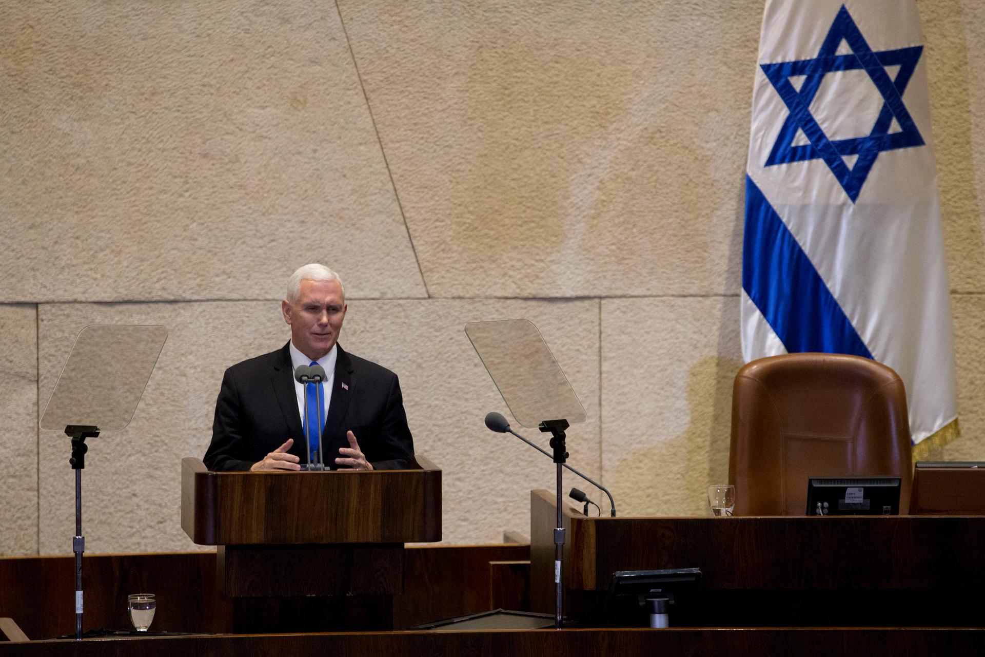Vice President Mike Pence addressing the Knesset, in Jerusalem, Monday