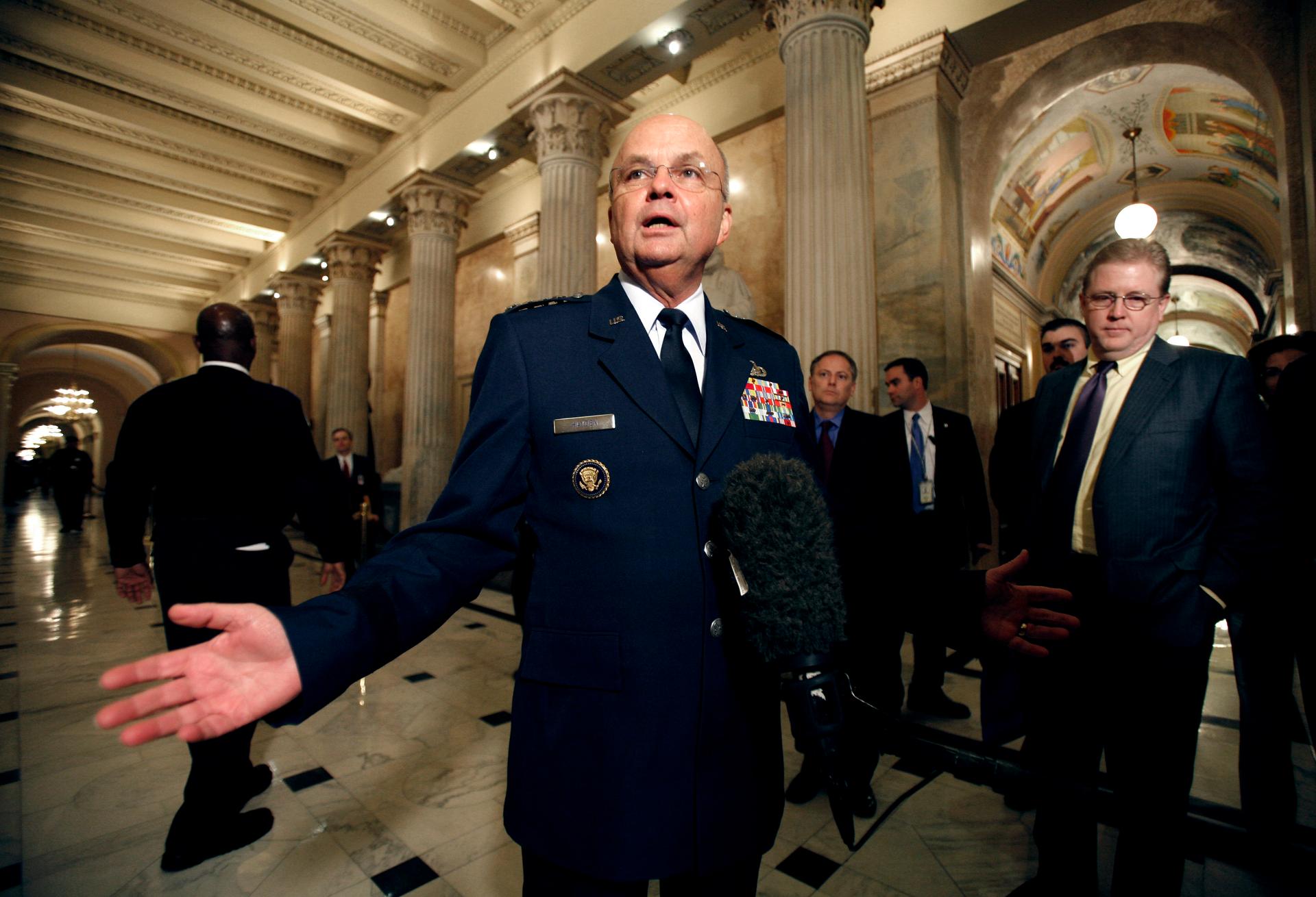 CIA Director Michael Hayden speaks to reporters upon his arrival in the Capitol for a meeting with the House Appropriations Committee's Select Intelligence Oversight Subcommittee, in Washington December 13, 2007.