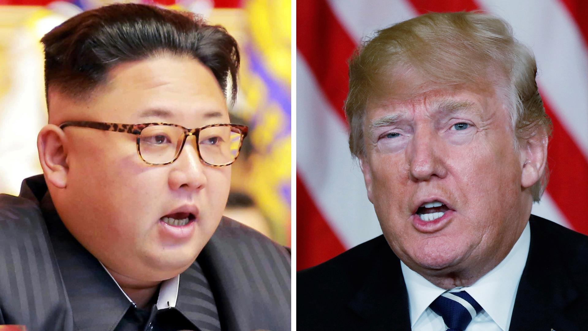 This combination photo shows North Korean leader Kim Jong-un (left) in Pyongyang, North Korea and US President Donald Trump in Palm Beach, Florida. 