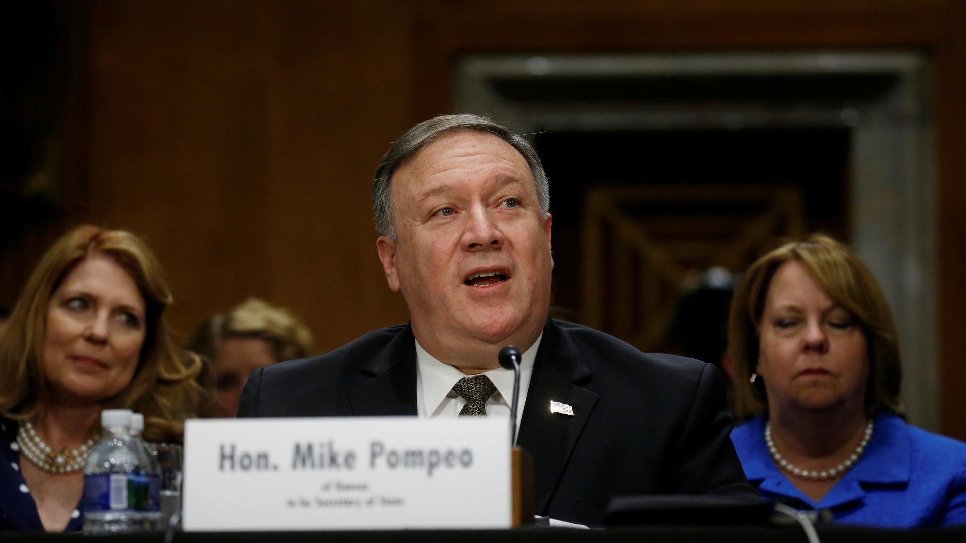 CIA Director Mike Pompeo testifies before a Senate Foreign Relations Committee confirmation hearing on Pompeo’s nomination to be secretary of state on Capitol Hill in Washington, DC, on April 12, 2018. 