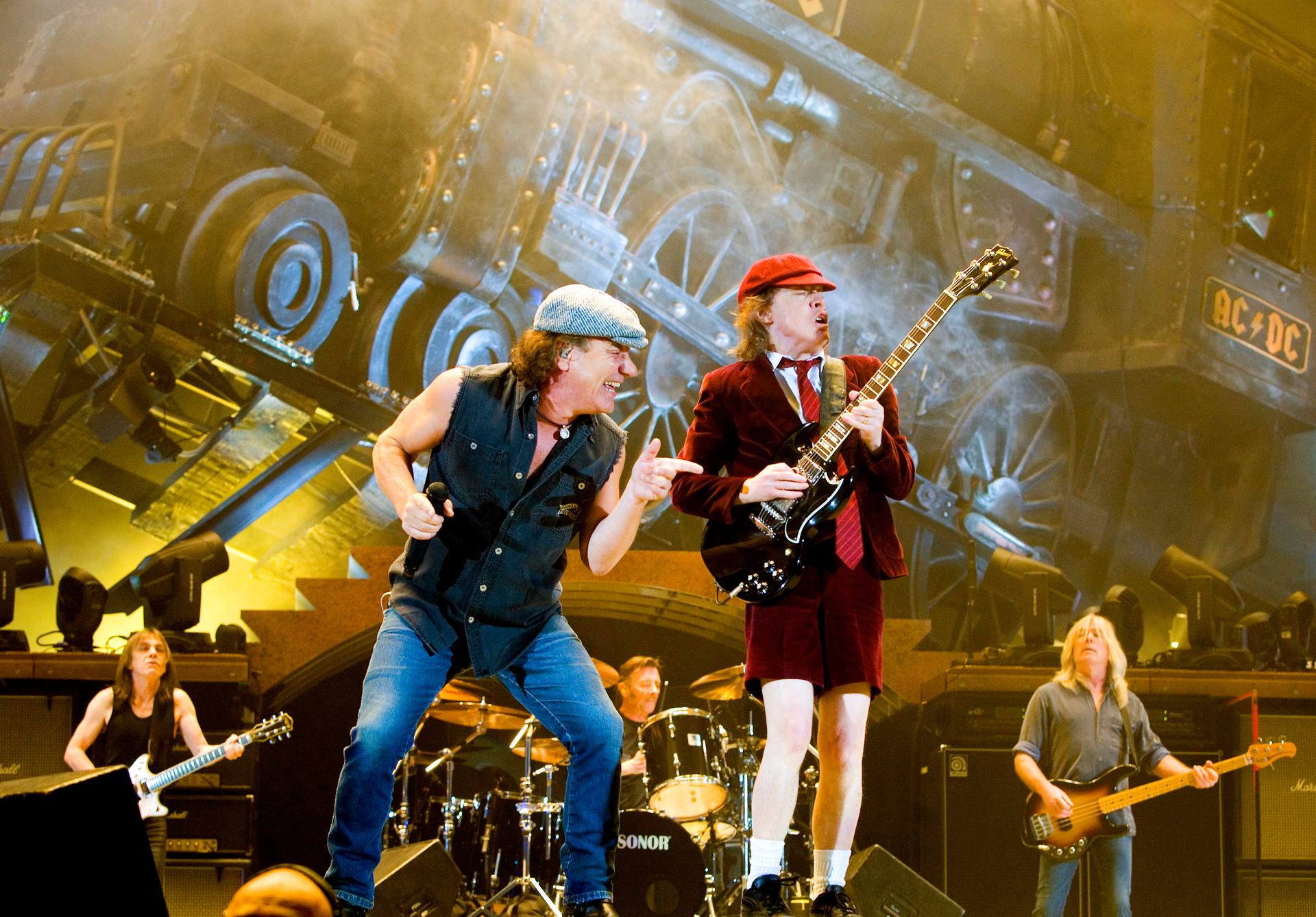 Rock band AC/DC lead guitarist Angus Young (R) and vocalist Brian Johnson perform during a concert at the Telenor Arena in Fornebu, near Oslo February 18, 2009.