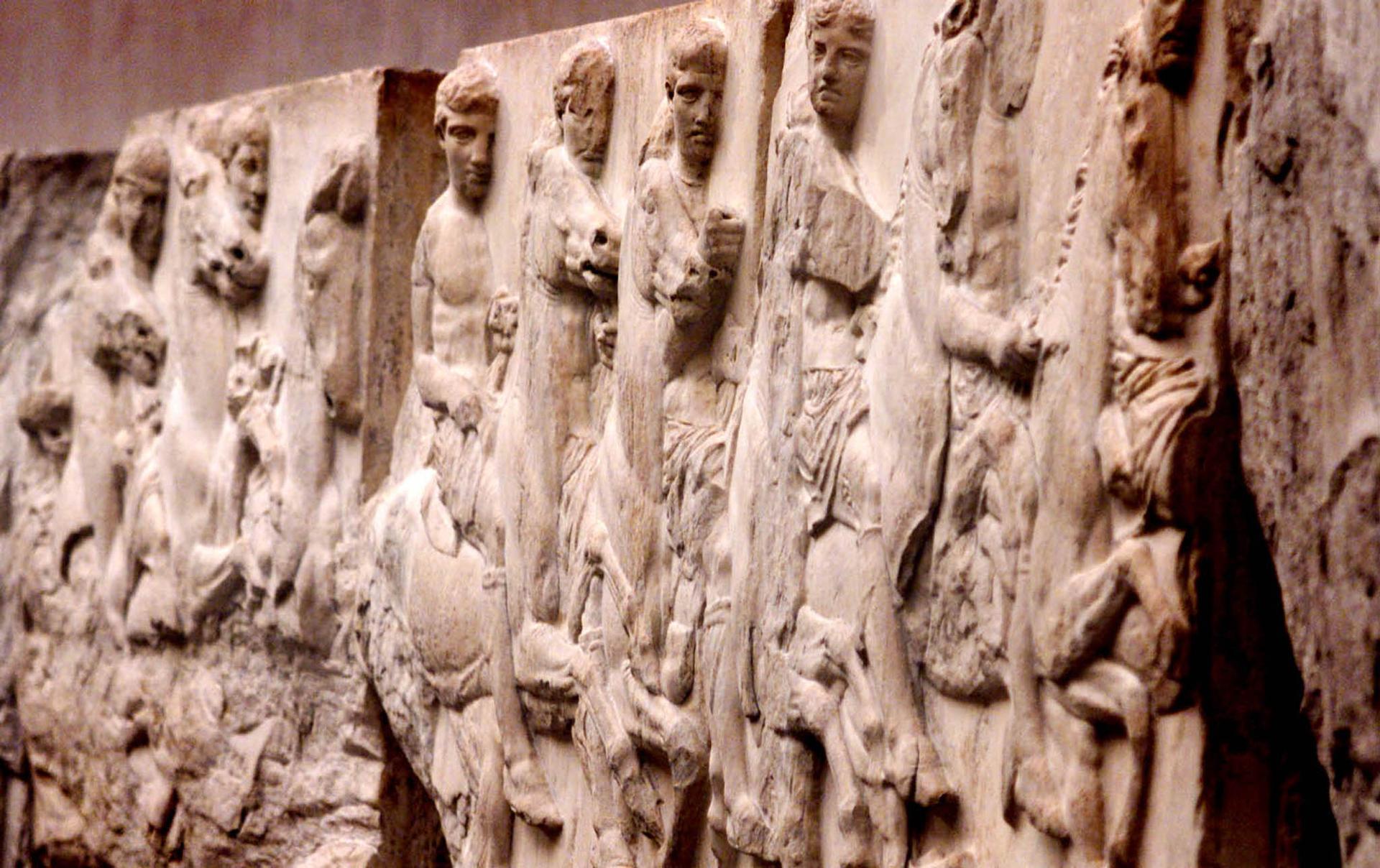 One of the ancient Greek reliefs in the Elgin Marbles collection, on display at the British Museum in London.