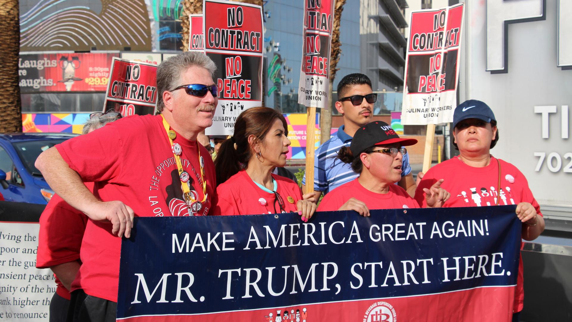 Hundreds protest on the Las Vegas Strip and in front of the Trump International Hotel. Workers are demanding a union contract at the Las Vegas hotel. April 21, 2016.