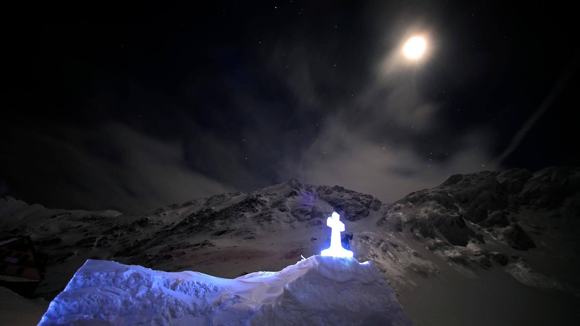 A church made entirely from ice is seen during the night at Balea Lac resort in the Fagaras mountains.
