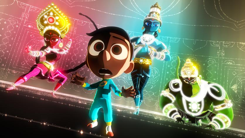 Hindu deities surround the character Sanjay in the latest Pixar film, "Sanjay's Super Team."