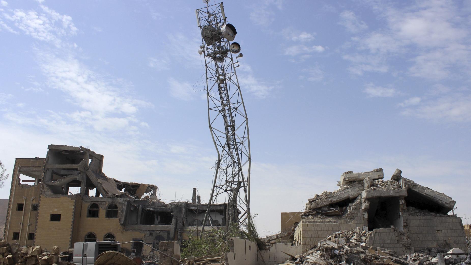 A telecommunications center destroyed by a recent Saudi-led air strike, Yemen's northwestern city of Saada, May 2015.
